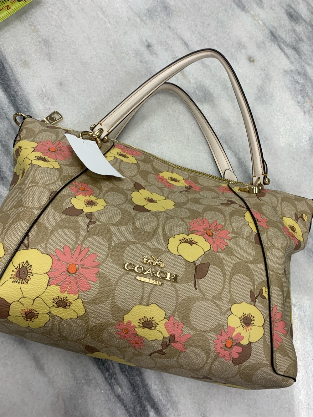 Coach Beige Signature Floral Tote with Yellow & Pink Blooms - Picture 7 of 7